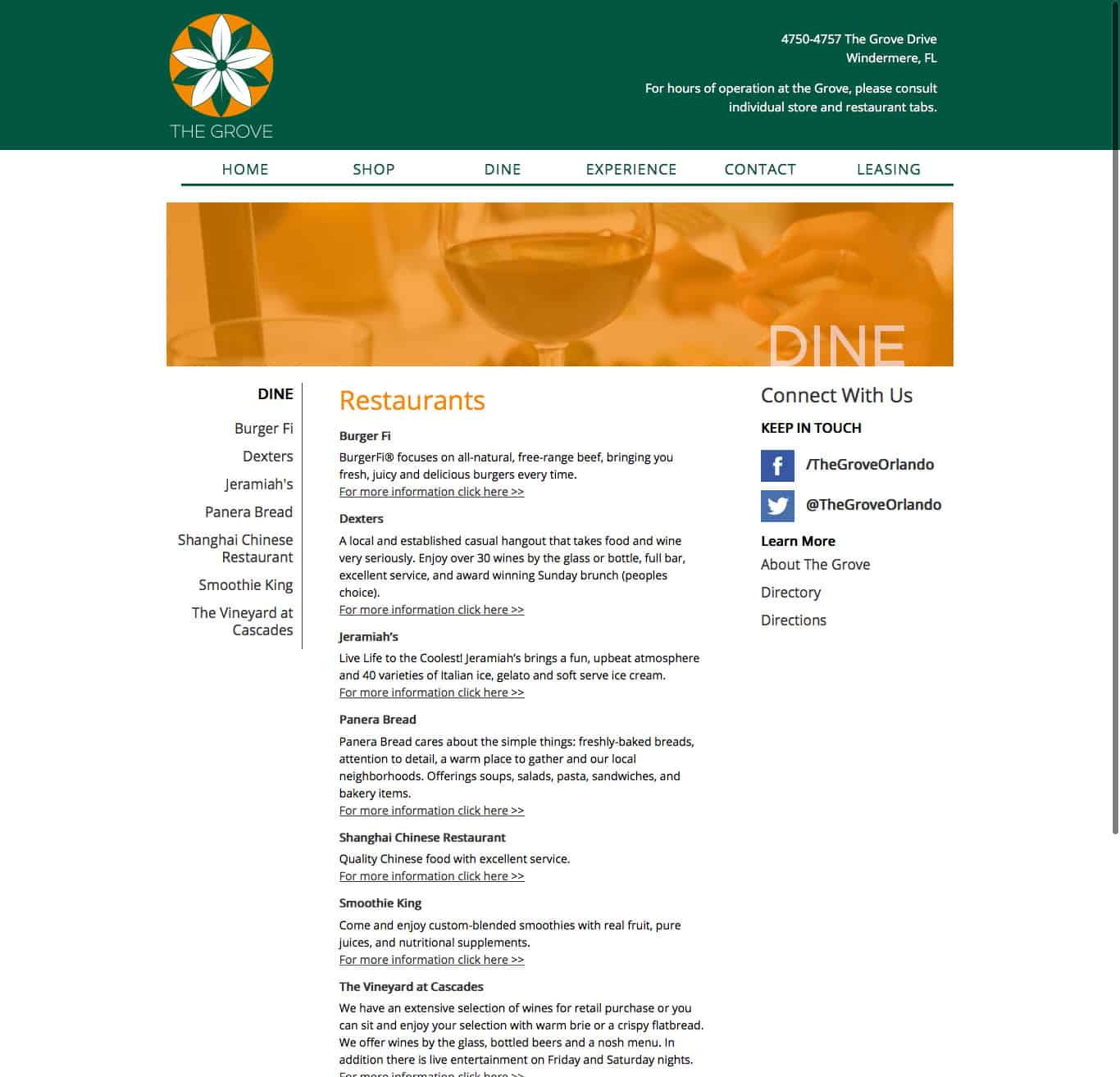thegroveorlando.com dining index page