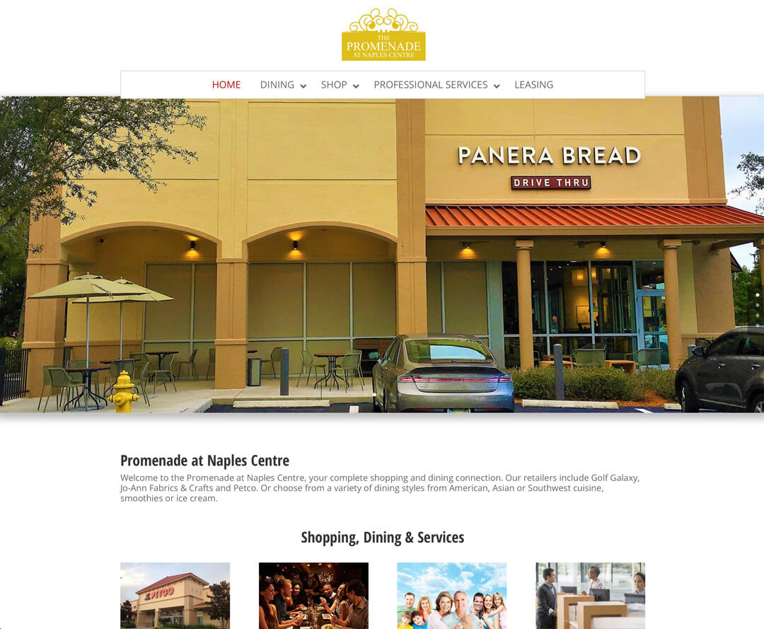 Homepage screenshot of the Promenade at Naples Centre website
